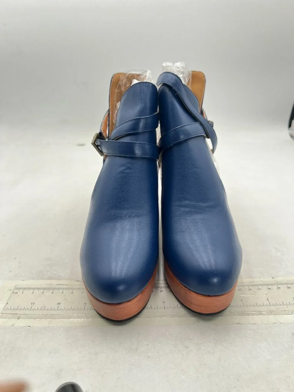 Blue Platform Round Toe Cutout Ankle Boot Strap Buckle Cork Block High Heel Boot